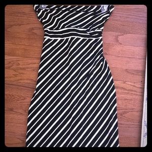 Black and white strapless diagonal stripe dress